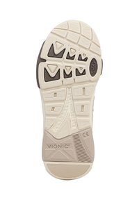 Schoenzool met beige en donkerbruine loopvlakpatroon, textuur grip, "VIONIC" merk en CE-teken op het hielgebied.