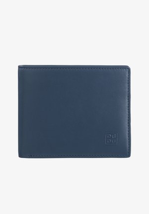 Navy leather wallet with a smooth texture, bi-fold design, and embossed brand logo on the front. Simple, minimalistic construction.