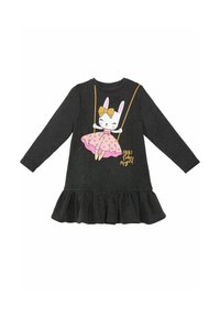 Szara sukienka z długim rękawem z falbaną, z nadrukiem królika w różowej sukience w kropki oraz złotym napisem "Spraw, aby dziś było magicznie."