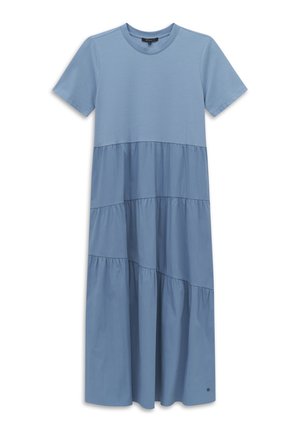Light blue, short-sleeve, tiered midi dress with crew neck and relaxed fit, featuring gathered seams for volume.