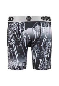 Boxer briefs neri con un motivo astratto grigio e accenti bianchi. Realizzati in un tessuto elastico con una vita elasticizzata contrassegnata "PSD."