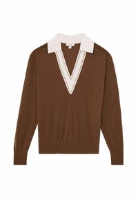 Maglione marrone a V con colletto bianco a contrasto e una consistenza fine. Presenta maniche lunghe e una vestibilità rilassata.