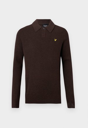 Dark brown long-sleeve polo shirt with collar, one black button, and small yellow embroidered bird logo on the left chest.