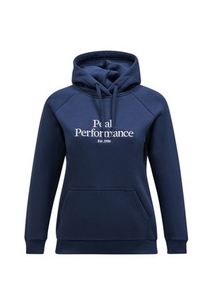 Navyblauwe hoodie van zachte stof, met een kangoeroezak, ribgebreide manchetten en een witte logo-opdruk op de voorkant. Verstelbare trekkoordcapuchon.