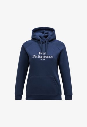Navy blue hoodie made of soft fabric, featuring a kangaroo pocket, ribbed cuffs, and a white logo print on the front. Adjustable drawstring hood.