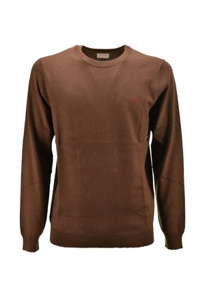 Maglione marrone a maniche lunghe con scollo tondo, polsini e orlo a coste, con un piccolo logo rosso ricamato sul petto sinistro.