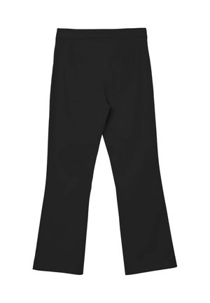 Pantalon noir évasé avec une texture lisse, doté d'une ceinture plate et sans poches visibles, vu de dos.
