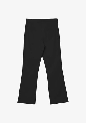 Pantaloni neri a zampa con una texture liscia, dotati di una cintura piatta e senza tasche visibili, visti da dietro.