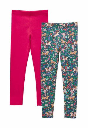 Zachte felroze leggings en marineblauwe leggings met een meerkleurig patroon van paarden en bloemen, beide met een elastische tailleband.