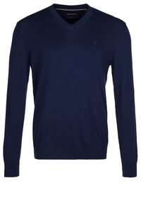 Granatowy sweter w serek wykonany z miękkiej dzianiny. Długie rękawy z prążkowanymi mankietami i dołem. Posiada małe logo na piersi.