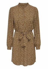 Robe marron à manches longues avec des taches blanches abstraites, boutonnée à l'avant, col haut, poignets élastiques et ceinture à nouer à la taille.