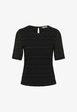 Mustast lühikeste varrukatega topp, millel on tekstureeritud laineline muster ja tagaküljel võtmeaugudetail. Valmistatud kergest, veidi läbipaistvast pitsmaterjalist.