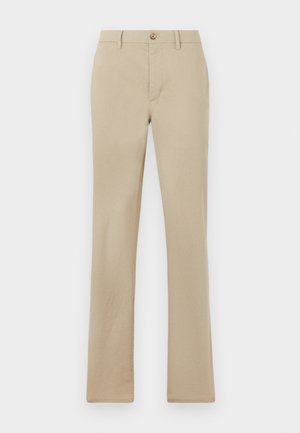 Beige bomulds chinos med lige ben, der har en knaplukning i taljen og standardlommer foran og bagpå.