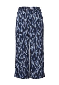 Marinblå culottedressar med ett abstrakt ljusblått och grått mönster, elastisk midja, mjukt tyg och längd till mitten av vaden.