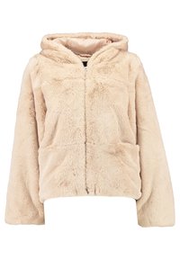 Jasnobeżowa bluza z imitacji futra z zamkiem błyskawicznym, długimi rękawami i dwoma przednimi kieszeniami; miękka w dotyku, ciepła, o luźnym kroju.
