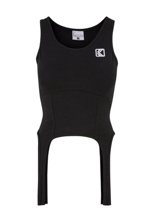 Top scurt negru fără mâneci, confecționat dintr-un material moale și elastic, cu un design ajustat. Include un logo pe piept și detalii decupate la tiv.