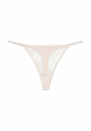 Lace thong in soft beige, featuring floral patterns with satin accents, thin straps, and a low-rise design.