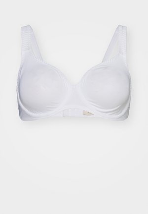 White padded bra with adjustable straps, smooth fabric, and a seamless design. Features a hook-and-eye closure at the back.