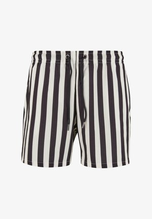 Șorturi de baie cu dungi negre și albe, cu un elastic la talie, șnur ajustabil și textură de țesătură netedă.