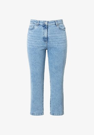 Hellblaue Jeans aus Denim mit geradem Schnitt, hoher Taille und Five-Pocket-Design. Mit einem Reißverschluss und Knopfverschluss vorne.