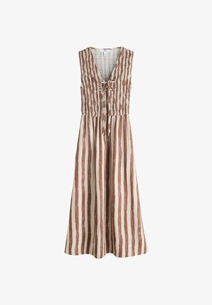 Ujjatlan midi ruha barna és bézs függőleges csíkokkal, ráncolt bodrész, mély V-nyak és elöl megkötős részlet.