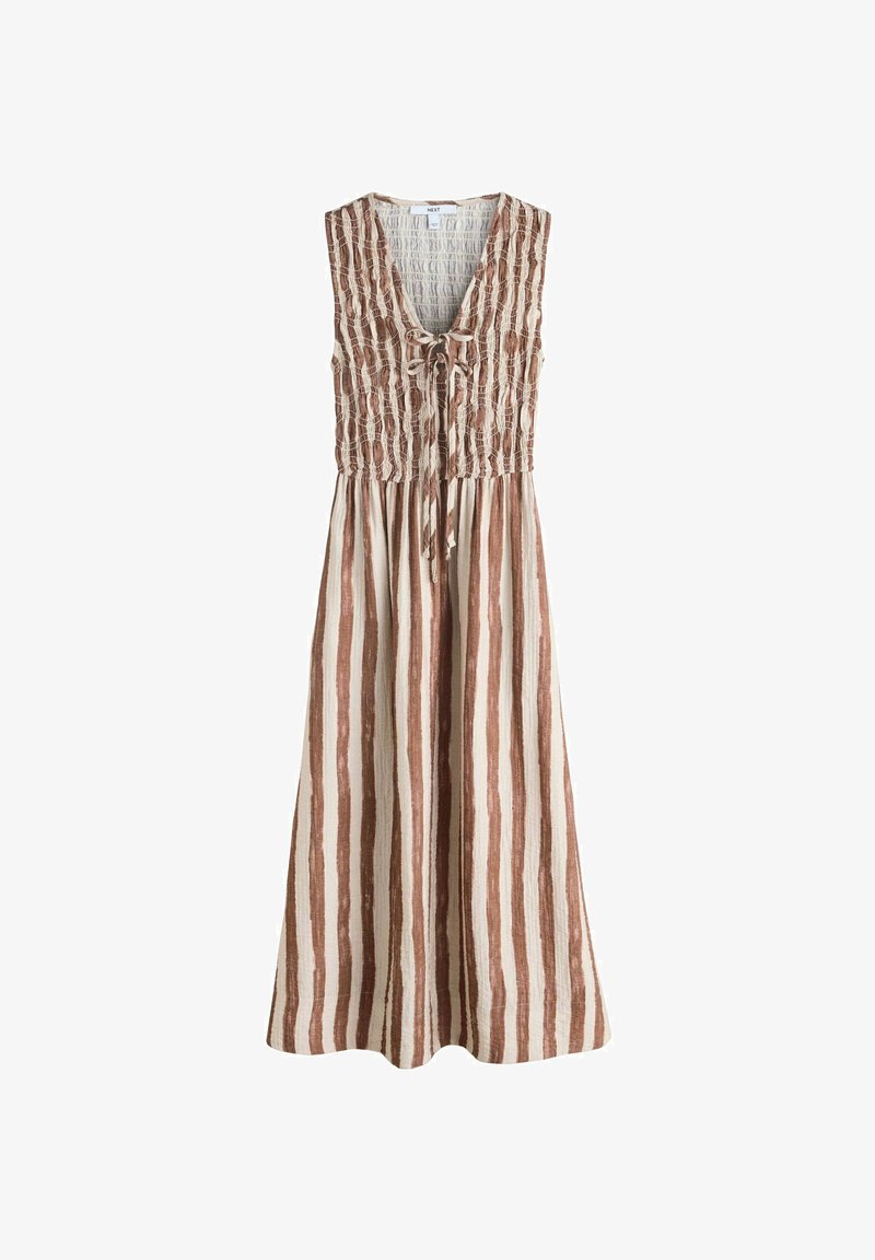 Midi šaty bez rukávov s hnedými a béžovými vertikálnymi pruhmi, nariaseným živôtikom, hlbokým výstrihom do tvaru V a detailom so zaväzovaním vpredu.
