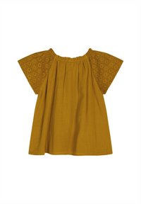 Blusa gialla senape con maniche corte e larghe, caratterizzata da un delicato pizzo ad occhio di pernice. Tessuto morbido e testurizzato con scollo arricciato per una vestibilità comoda.