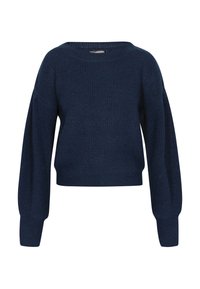 Pulover scurt din lână de culoare albastru închis, realizat dintr-un material tricotat texturat. Dispune de mâneci largi și un gât rotund pentru un fit relaxat.