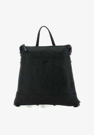 Borsa a mano in pelle nera texturizzata con manici superiori, chiusura con cerniera e logo in rilievo discreto al centro sulla parte frontale.