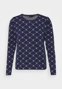 Sweater azul-marinho de manga longa com padrão de âncoras brancas por toda a peça, decote redondo e mangas ligeiramente bufantes. Tecido de malha suave com forma ajustada.