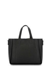 Borsa a mano in pelle nera con texture a rilievo, doppio manico superiore, tracolla regolabile e tasca frontale.