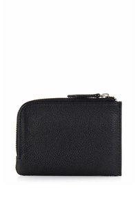 Portafoglio in pelle nera con chiusura a zip, caratterizzato da una superficie testurizzata e bordi arrotondati per una forma rettangolare compatta.