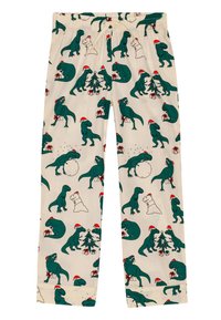 Pantalone za pidžamu s kremastom pozadinom i veselim uzorkom dinosaura u zelenoj boji, koji nose crvene božićne kape i okruženi su božićnim drvcima i poklonima.