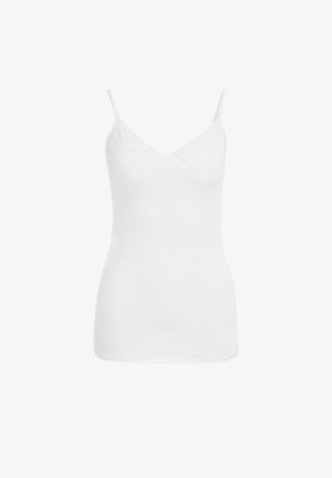 Biała koszulka na ramiączkach z regulowanymi cienkimi paskami. Posiada koronkowe wykończenie wzdłuż dekoltu w kształcie litery V, wykonana z miękkiego, elastycznego materiału dla komfortu.