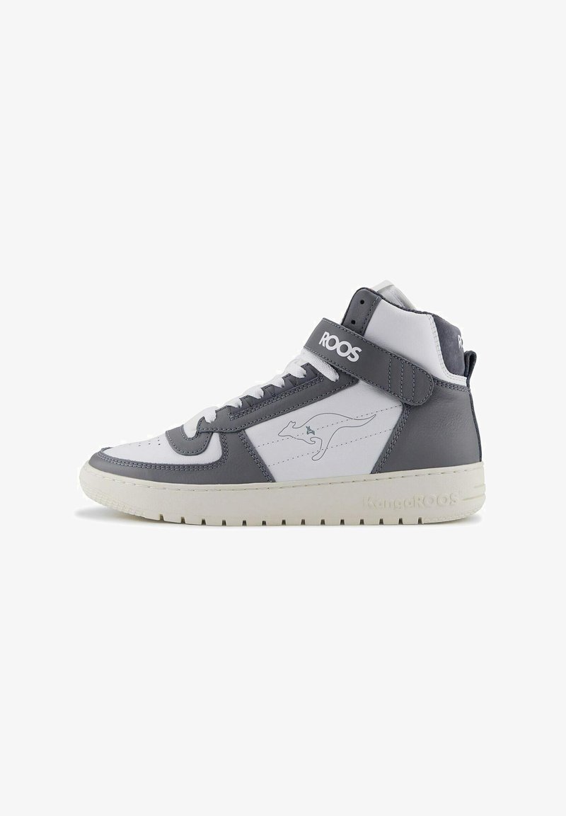 High-top sneakers with a white and gray leather upper, textured accents, lace closure, and strap featuring the "ROOS" logo on the side.