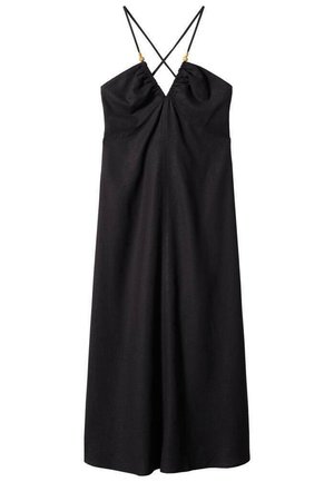 Zwarte mouwloze jurk met V-hals, geplooide buste en dunne, gekruiste bandjes met kleine houten kraalaccenten.