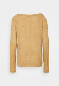 Maglione lavorato a maglia di un caldo giallo, con un collo ampio a spalle scoperte e maniche lunghe, caratterizzato da un motivo a punto spesso e testurizzato.