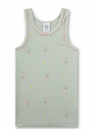 Hellgrünes ärmelloses Kleinkind-Oberteil mit rosa Katzen, die grüne Schleifen tragen, und kleinen gelben Herzen, verziert mit rosa Ziernähten und einer kleinen Schleife am Ausschnitt.