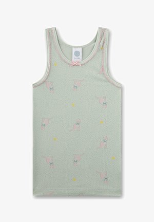 Top verde chiaro senza maniche per bambino con gatti rosa che indossano fiocchi verdi e piccoli cuori gialli, decorato con cuciture rosa e un piccolo fiocco sulla scollatura.