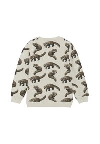 Katoenen sweatshirt met een beige achtergrond en een herhaald patroon van wasberen in donkerbruin en grijstinten. Met boorden aan de mouwen en onderrand.