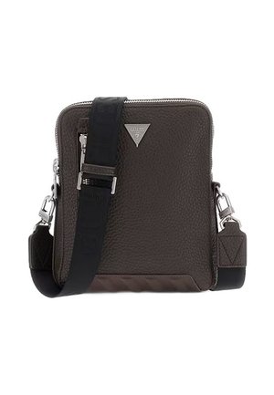 Borsa a tracolla in pelle marrone scuro con trama, cerniera argentata, tracolla nera regolabile e piccolo logo triangolare sul davanti.