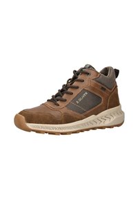 Braun- und beige-farbene Wanderschuhe im Sneaker-Stil mit strukturierten Elementen, dicker Sohle, schwarzen Schnürsenkeln und "s.Oliver"-Logo an der Seite.