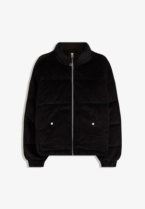 Black corduroy puffer jacket with high collar, front zipper, two snap-button pockets, and elasticated cuffs on a white background.
