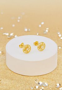 Guldtonade stiftörhängen med en cirkulär design som har utskurna detaljer och en central klar ädelsten. Uppställda på en vit display.