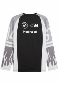 Cămașă cu mânecă lungă, cu corp negru și mâneci gri având un model de flăcări, logo-ul BMW și textul "Motorsport" imprimat pe spate.