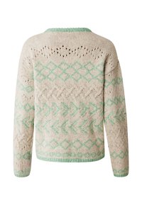 Överdimensionerad stickad tröja med en krämfärgad bas, som har mintgröna geometriska mönster och texturerade accenter. Ribbad grön halsringning och ärmslut.