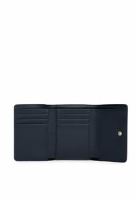 Navy blue leather trifold wallet with multiple card slots and a snap button coin pocket open against a white background.
