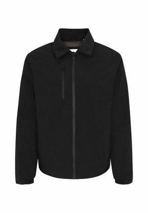 Veste coupe-vent noire avec un col, fermeture éclair sur toute la longueur à l'avant et une poche poitrine. Texture lisse, manches longues et poignets élastiques.