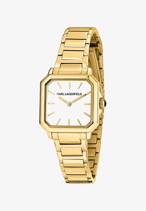 Armbanduhr aus goldfarbenem Metall mit quadratischem weißem Zifferblatt, goldenen Stundenmarkierungen und Zeigern sowie dem "KARL LAGERFELD"-Logo in der Mitte.