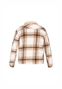 Chaqueta de cuadros en tonos beige, marrón y blanco con mangas largas y un cuello suave, mostrada desde atrás sobre un fondo blanco.